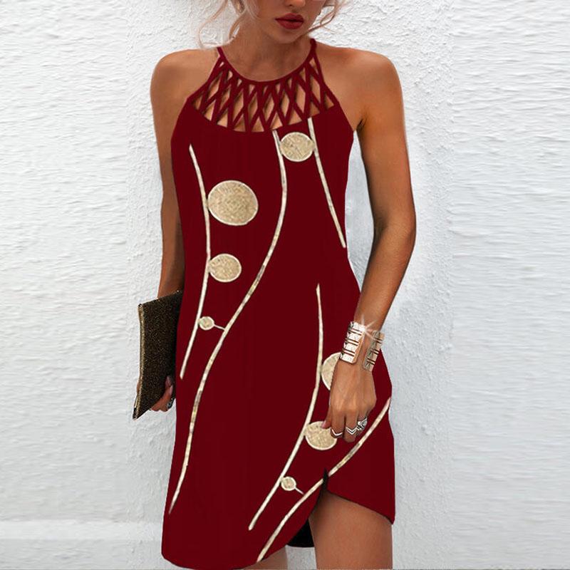 Sexy Mini Dress Women Fashion Printed Halter Hollow Out Sleeveless Dresses Elegant Boho Dress Female Beach Party Dress