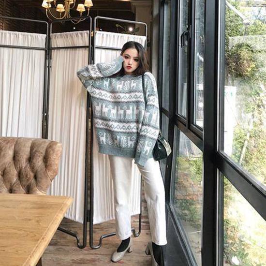 Women Christmas Theme 3 Colors Elk Print Long Section Sweater Crew Neck Loose Pullover Top