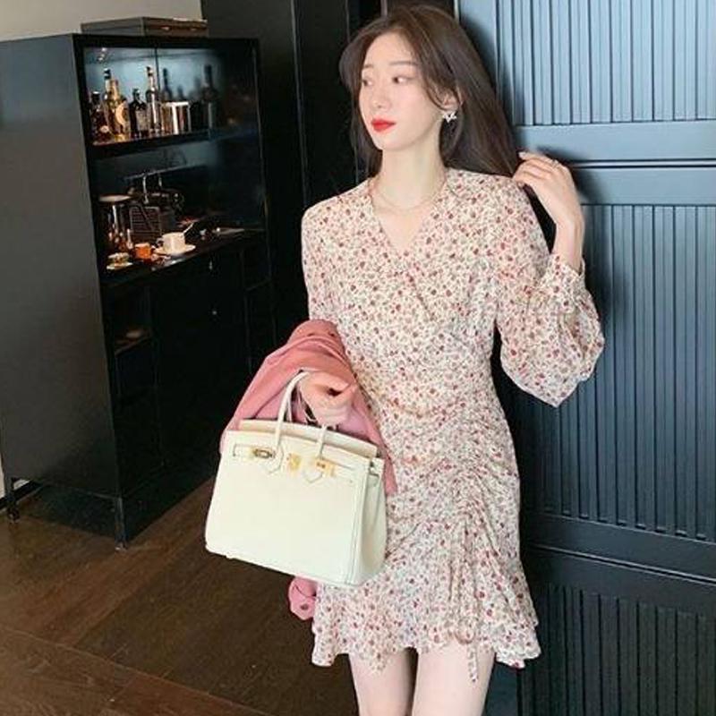 Ruffled Mini Vintage Print Irregular Dress Lantern Sleeve Elegant Chiffon Dress Slim Streetwear