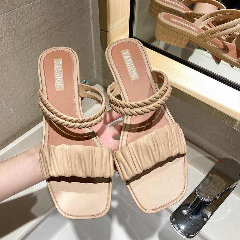 Square-toe Wedges Slippers Sandals Two-wear All-match Student Soft-soled Non-slip Beach Shoes Half Slippers It's A Little Bit Smaller