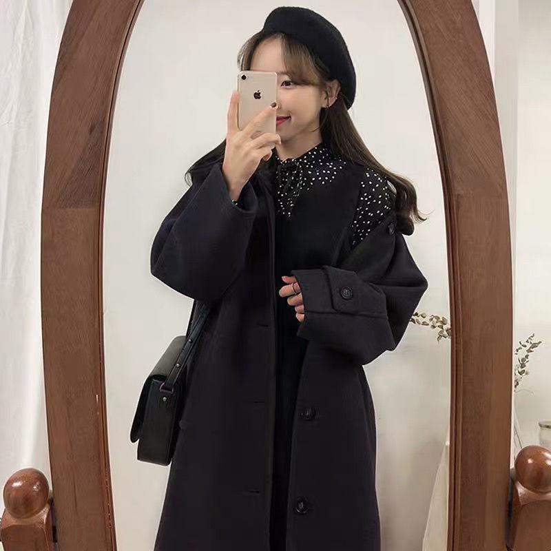 Woolen Coat Women Mid-length Winter Korean Thick Cotton Hepburn Style Black Woolen Coat Temperament