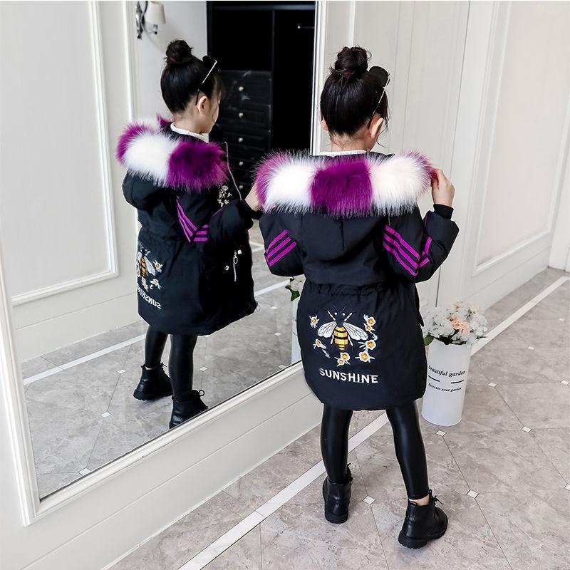 Winter Girl's Cotton Padded Jacket Thickened Medium Length Parka Jacket Children's  Printed Hooded Jacket with Removable Fur Coll