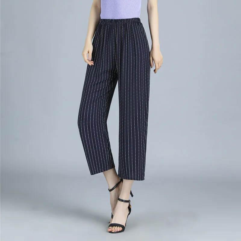 Women's Pants Summer Thin Cotton Silk Nine-point Pants Elastic Waist Casual Straight Eight-point Pants Comfortable Loose Breathable Trousers