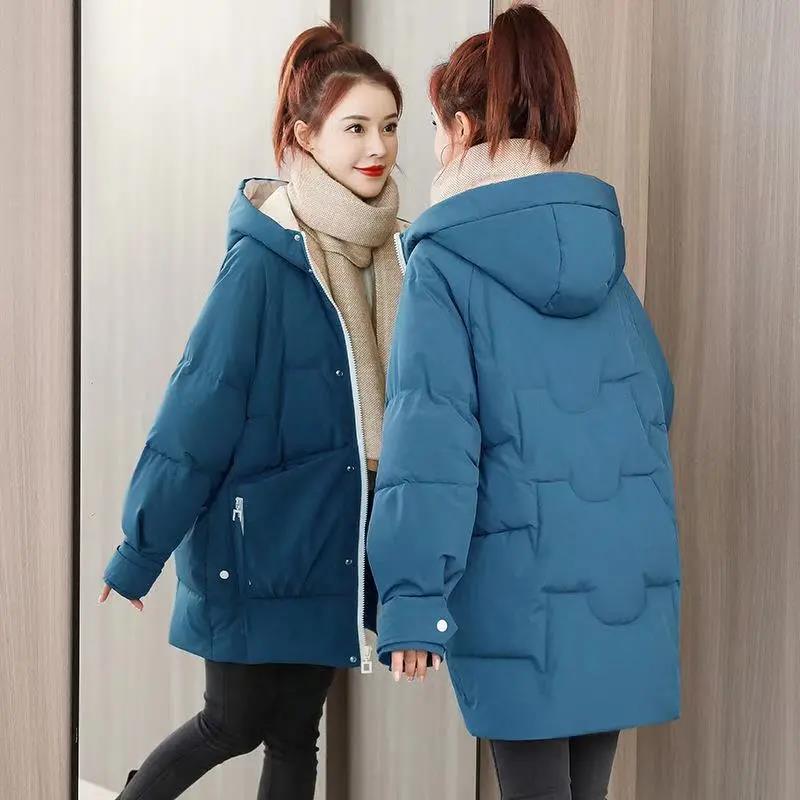 Winter Down Jacket Korean Version Loose Solid Color Cotton Jacket Ladies Mid-length Hooded Down Jacket