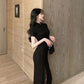 Female Vintage High Waist Black Holiday Dress Elegant Slim Stitching Split Lace Party Dress
