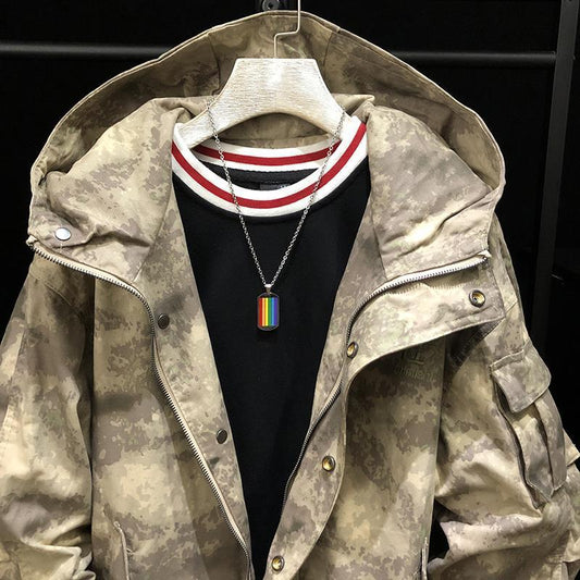 Desert Gray Camouflage Plus Size Windbreaker Fashionable Men's Mid-length Loose Hooded Couple Jacket