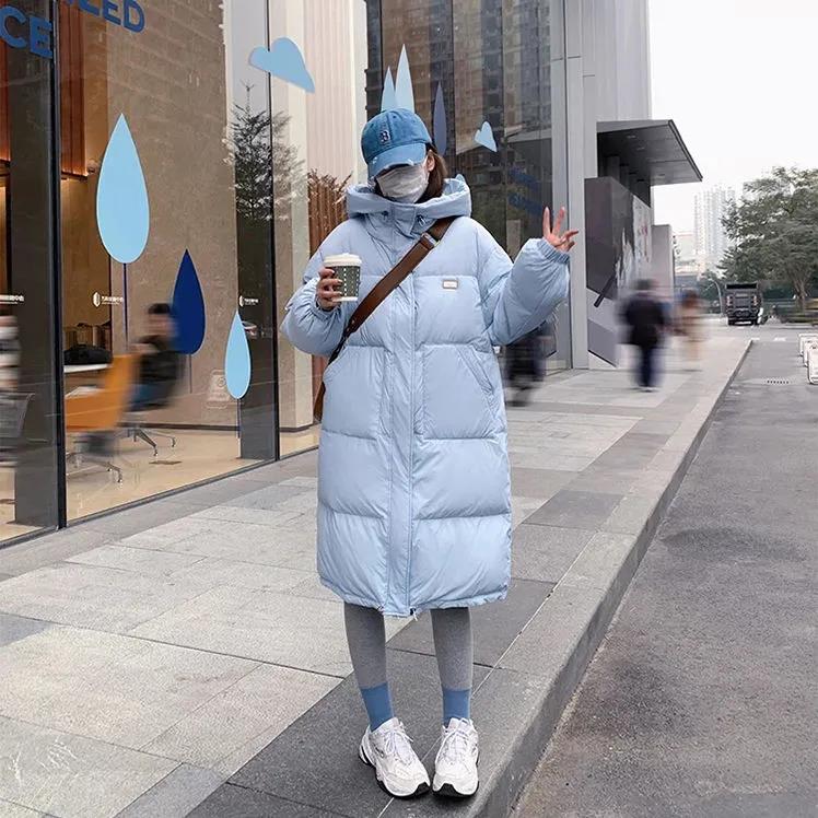 Down Jacket Blue Mid-length Loose and Light White Duck Down Jacket