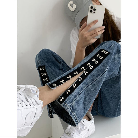Large Size Slit-breasted Jeans Women's Loose Fat Sister High Waist Straight Thin Wide Leg Long Pants
