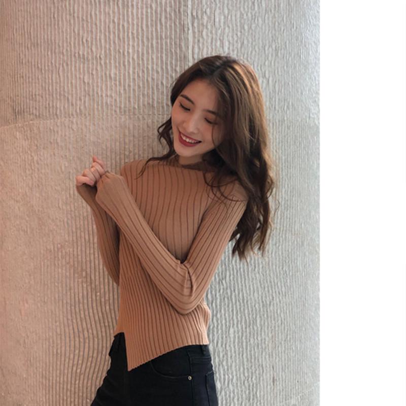 Pofulove Shirt with Irregular Sweater Women's Fashion Slim Long-sleeved Women  Knitted Bottoming