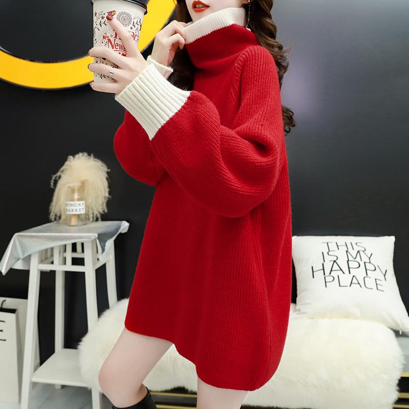 Turtleneck Sweater Women's Long Sleeved Loose Pullover Knitted Sweater Thick Autumn Winter