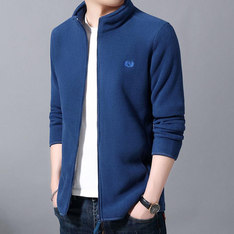 Men's Stand Collar Fleece Jacket Long Sleeve Warm Casual Jacket Double Sided Fleece Solid Color Cardigan Soft Fabric Zipper Jacket
