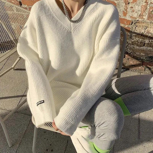 Fashion Solid Color V-Neck Sweater Women's Loose Lazy Wind Mid-Length Knit Sweater Korean Version Versatile Label Sweater