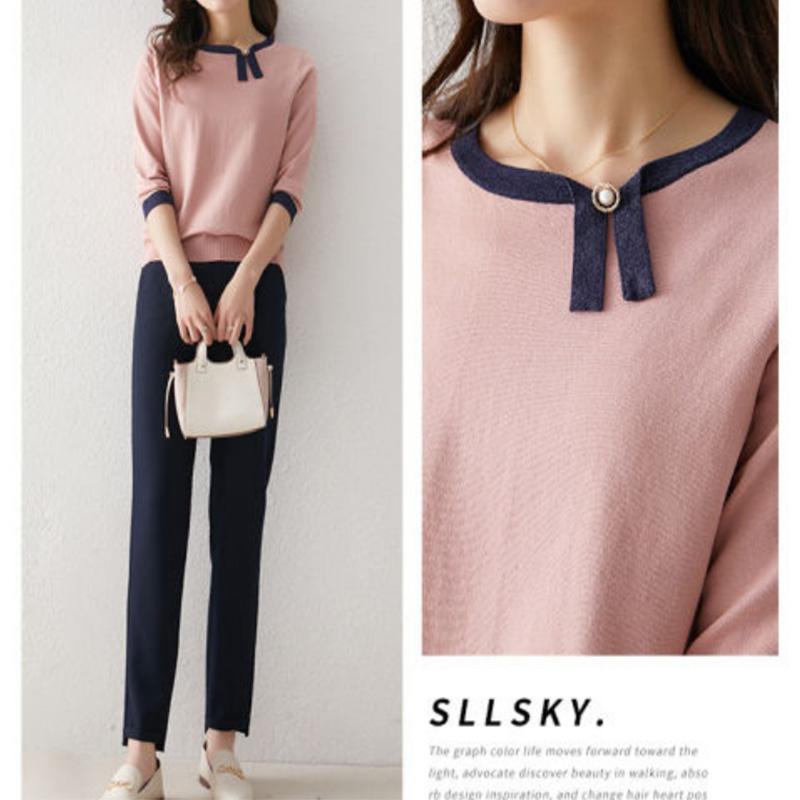 Contrast Color Design Sense Asymmetric Ladies Shirt Sweater Knitted Sweater Ice Silk Three-quarter Sleeve Pullover