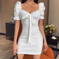 Retro Square Collar Dress Female Summer New Slim Slimming Bow Temperament Bubble Sleeve Bag Hip Skirt