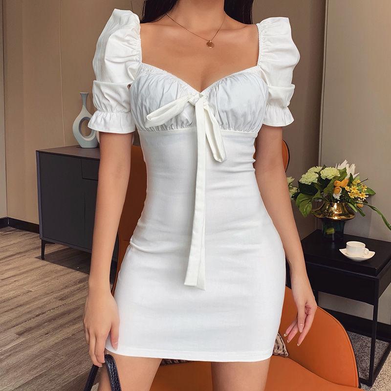 Retro Square Collar Dress Female Summer New Slim Slimming Bow Temperament Bubble Sleeve Bag Hip Skirt