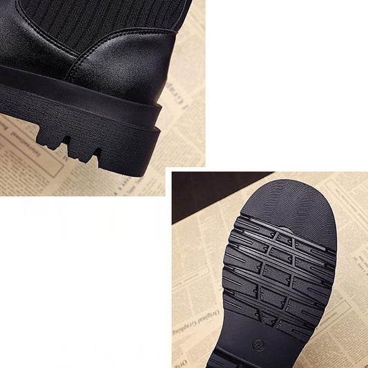 Autumn and Winter Black Short Boots Women Retro Elastic Socks Boots Leather Boots Martin Boots Women British Style Plush Boots