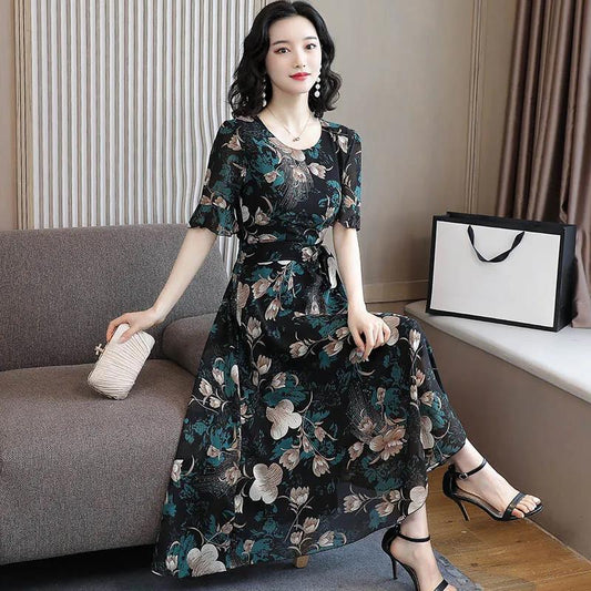 Short-sleeved Chiffon Dress Women's Summer Large Size Waist Was Thin and Long Round Neck Floral Skirt Fashionable Temperament
