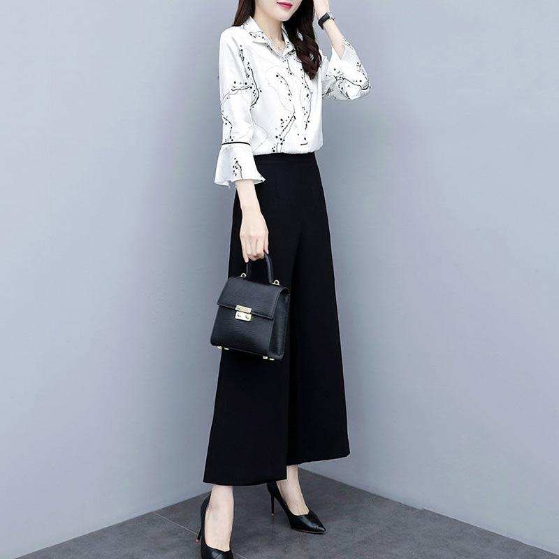 Spring and Summer New Women's Suits Temperament Ladies Chiffon Bell-sleeved Shirts Tops Wide-leg Pants Two-piece Women's