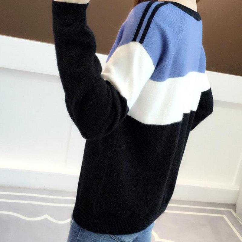 Autumn  Winter Loose Short Sweater Fashion Knit Sweater Color Matching Women's Round Neck Bottoming Shirt Top