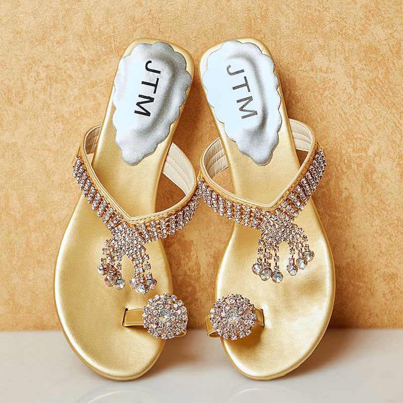 Size 34-41 Summer Women Outdoor Flat Bohemian Beach Flip Flops Wear-resistant Non-slip Office Lady Waterproof Diamond Sandals
