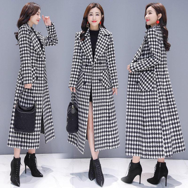 Black and White Plaid Woolen Coat Women's Mid-length Slim Temperament Coat Double-sided