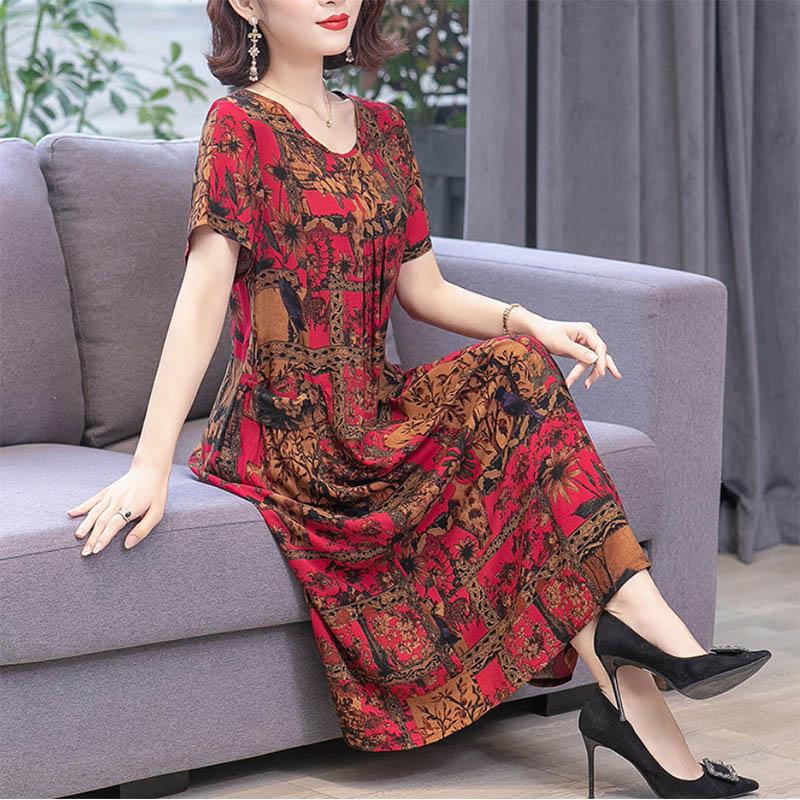 Mom Dress Cotton Silk Dress Large Size Covering Belly Short Sleeve Middle-aged and Older Women Fat People Floral Skirt