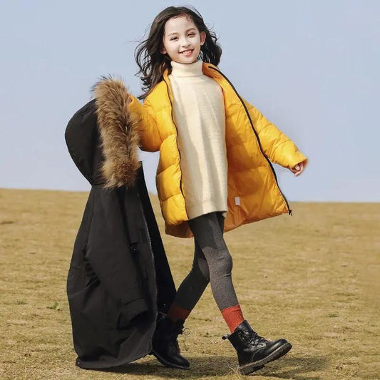Girls' Warm Winter Clothes Mid-length Windproof Quilted Jacket Thicken Plus Velvet Winter Cotton Clothing