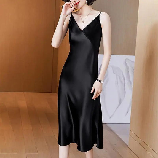 Spring Summer Woman Tank Dress Casual Satin Sexy Camisole Elastic Female Home Beach Dresses V-neck Camis Sexy Dress