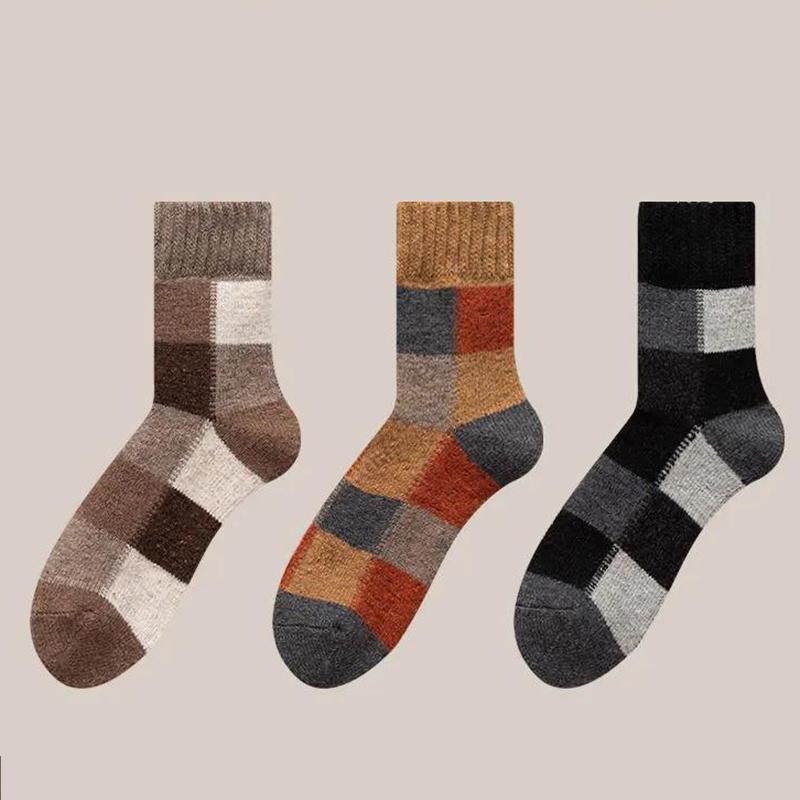 Three Pairs of Winter Men's Wool Socks Plus Velvet Thick Terry Snow Socks Fashion Stitching Multicolor Tube Socks