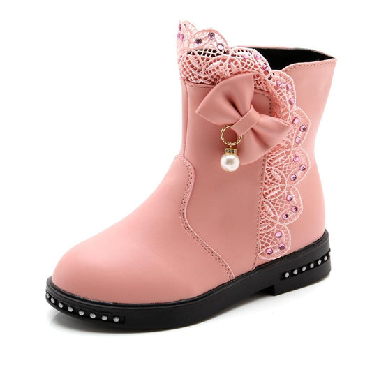 Girls' Boots Plus Velvet Mid-tube Boots Big Children's Leather Boots Cotton Boots Children's Martin Boots Lace Snow