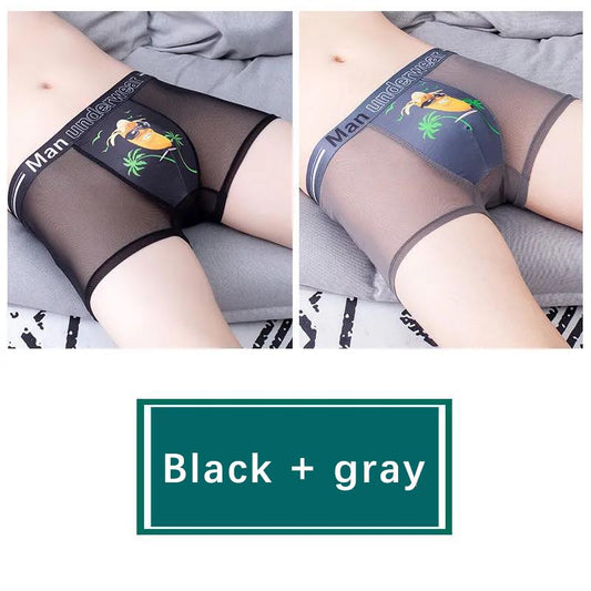 Summer Men's Underwear Thin Section Breathable Ice Silk Personality Mesh Briefs Boxer Shorts 2 Packs