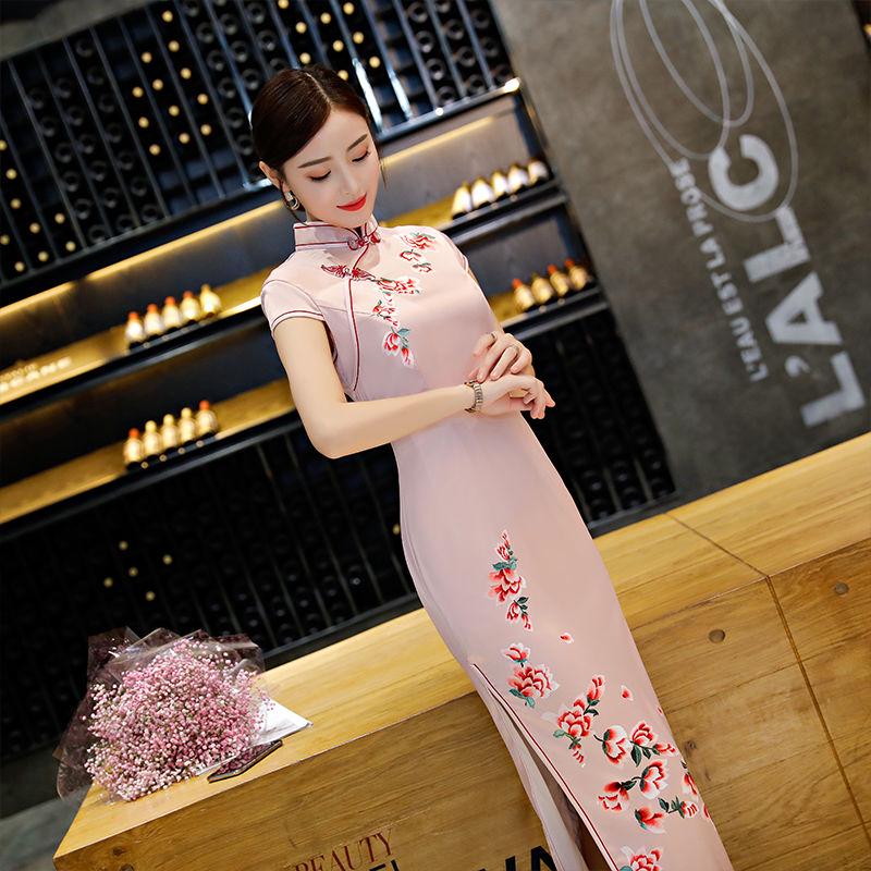 Chinese style large size slim split cheongsam woman summer long cheongsam skirt female dress