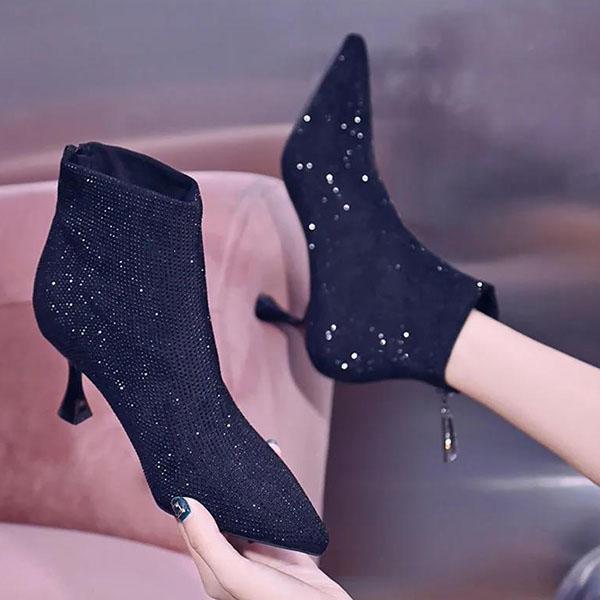 Women's Fall and Winter Party Single Boots Female Large Size Solid Color Rhinestone High-heeled Shoes