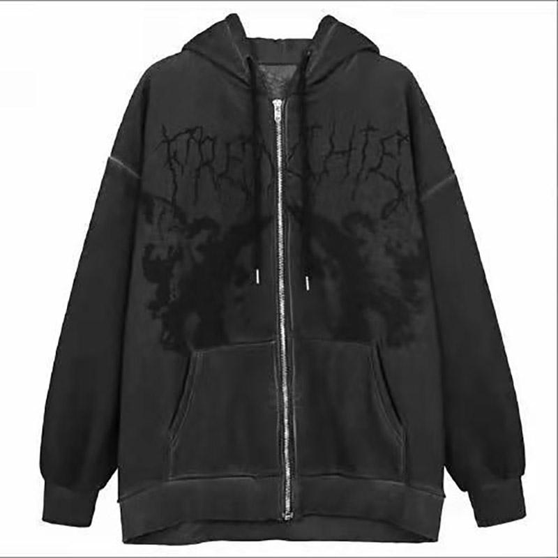 Men's Hip-hop Streetwear Hooded Jacket Angel Dark Print Jacket Jacket Harajuku Cotton Fleece Autumn and Winter Jacket Jacket Zipper