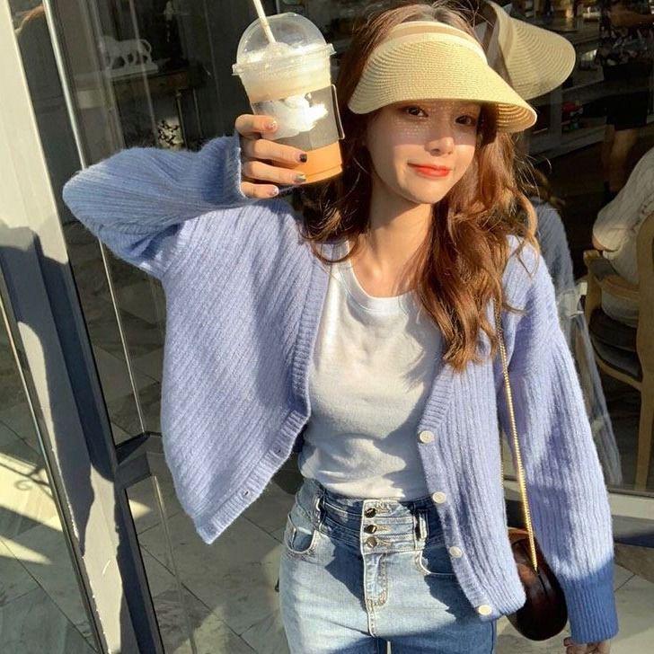 V collar cardigan solid color casual sweater female autumn new loose wild pit striped knit jacket
