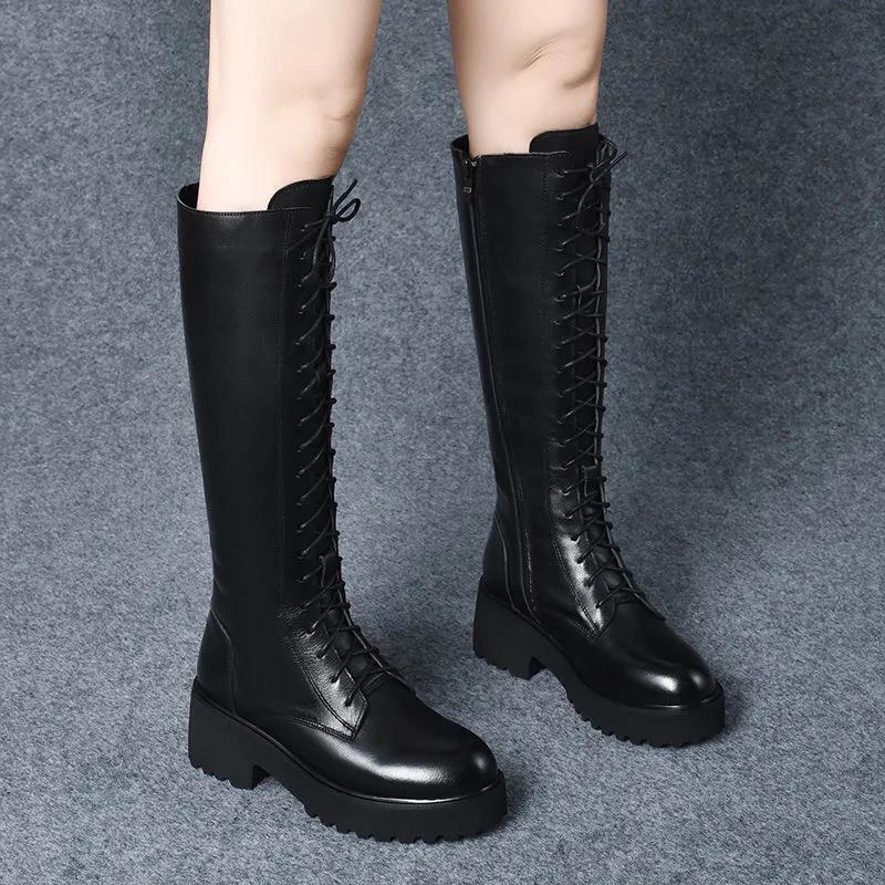 Women's Soft Leather Warm Snow Boots Autumn and Winter Large Size Plush Thick-soled Long Martin Boots