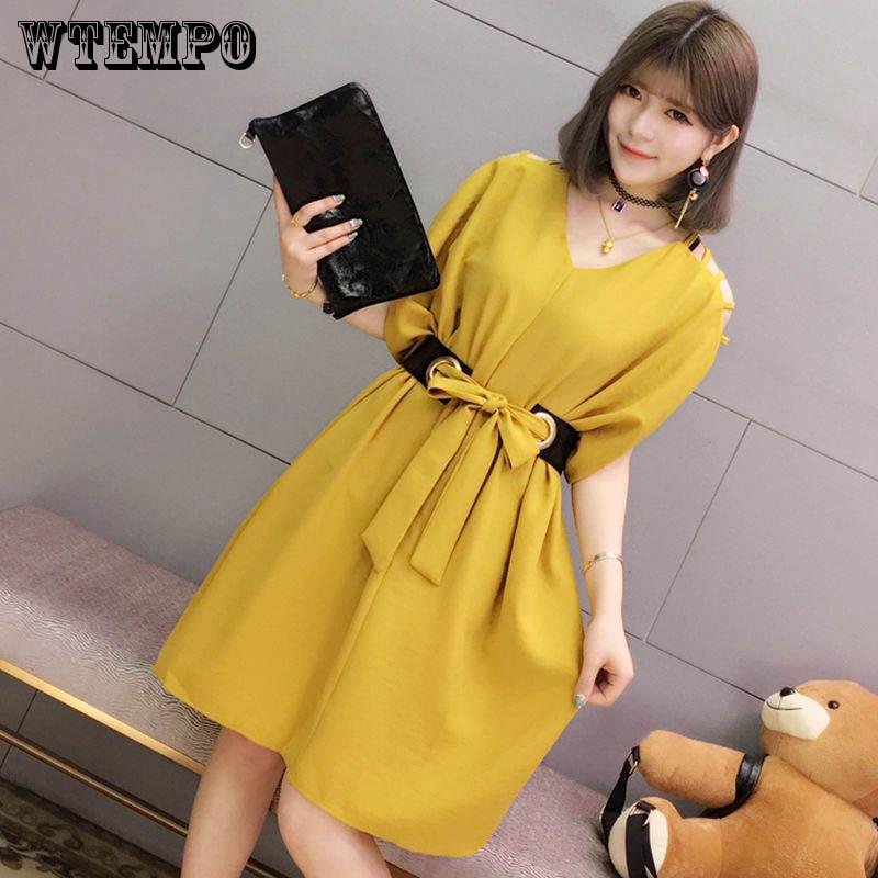 Brand Women's Leaking Shoulder Dress Summer Dress Bat Sleeve Loose Skirt