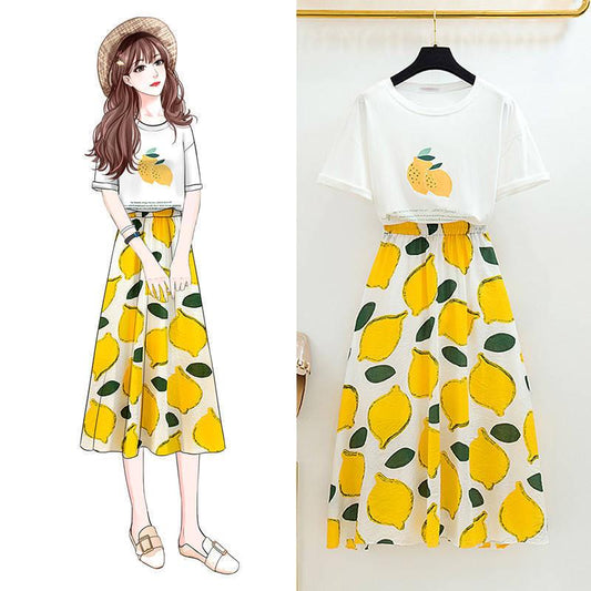 Fashion Women Top Skirt Two-piece Set Summer Printed T-shirt High Waist Long Pleated Skirt Outfits