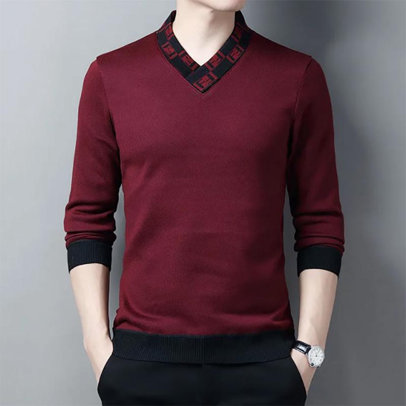 Men's Autumn and Winter V-neck Sweatshirts Thickened Knit Sweater Pullover Warm Bottoming Sweater for Men