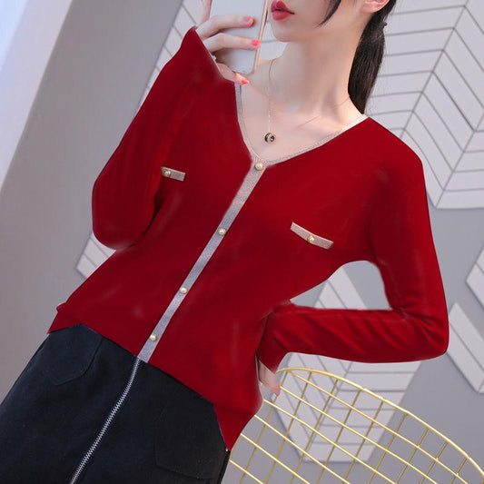 Early Autumn V-neck Knitwear Women's Long-sleeved Loose Thin Top All-match Base Sweater Outer Wear