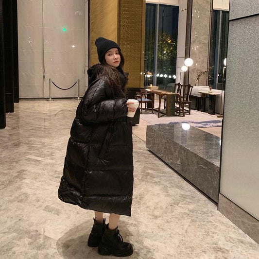 Glossy Down Jacket Mid-length Knee-length Loose Casual Long Hooded Cotton Jacket Casual Down Jacket