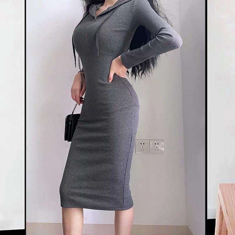 Feminine Slim Stretch Dress Sports and Leisure Show The Figure Sexy European and American Hooded Mid-length Bag Hip Dress