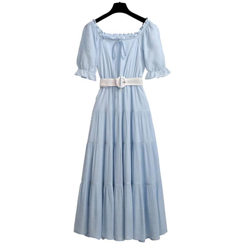 Pofulove Long dress female summer Ruffled short sleeve pleated square collar pleated dress with belt