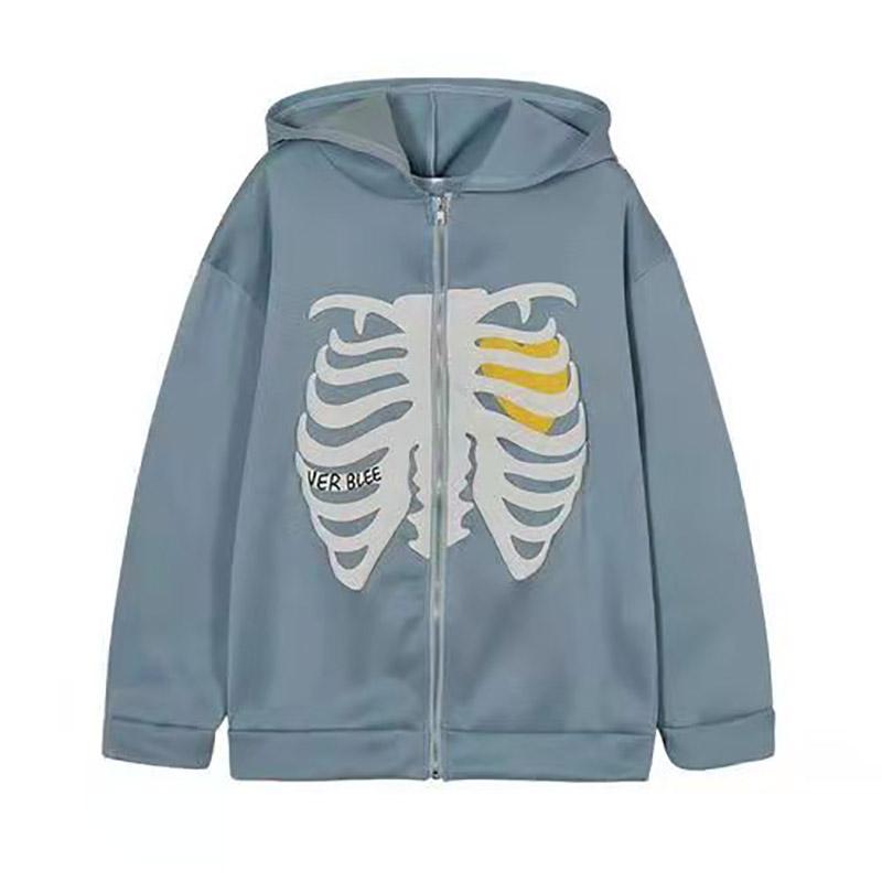 Zipper Harajuku Korean Loose Skull Printed Gothic Long Sleeve Hooded Jacket Solid Color Retro Shirt Student Unisex Top