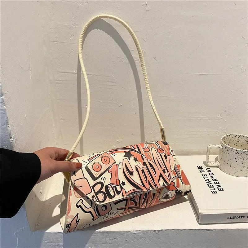 Comic Doodle Pattern PU Leather Armpit Bag for Women Shoulder Handbags Lady Elegant Baguette Bag