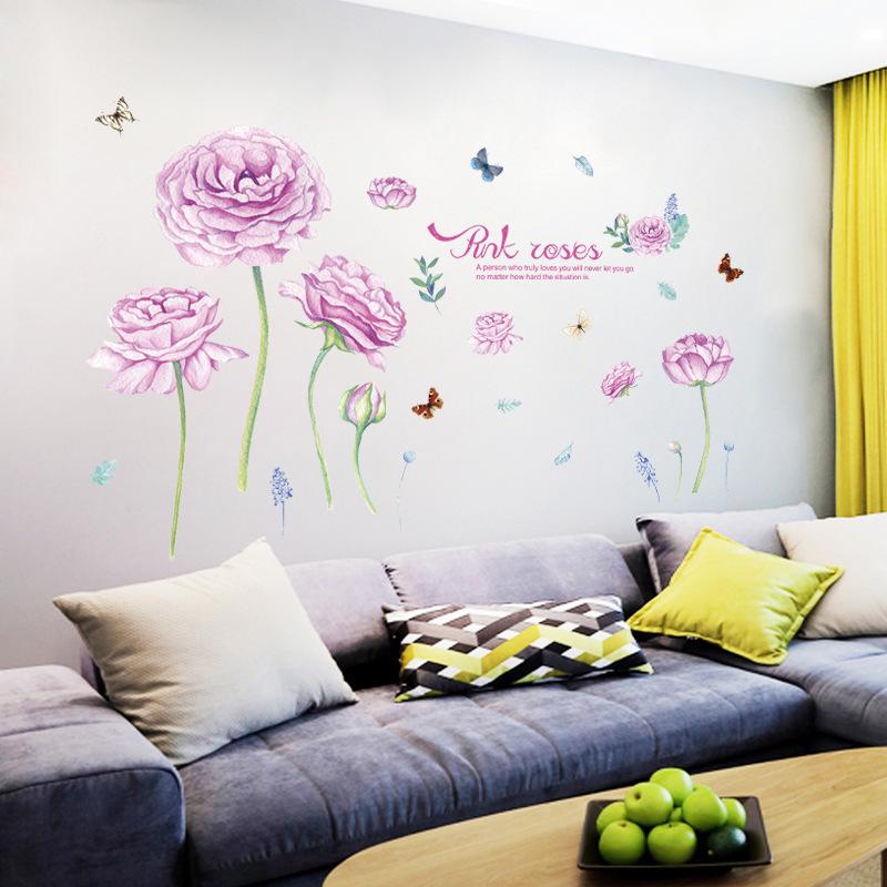 Romantic Pink Rose butterfly Wall Sticker Bedroom Living Room Background Decorative Sofa Removable