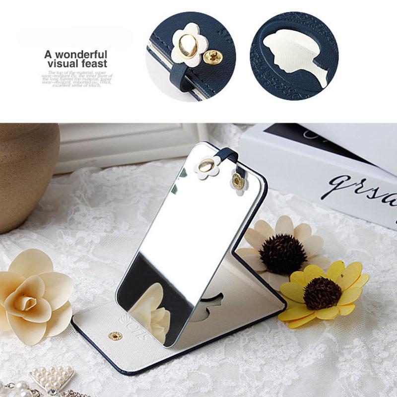 PU Ladies Hand-held Makeup Mirror Collapsible Must-have Makeup for Travel Appointment Portable HD Thin and Light