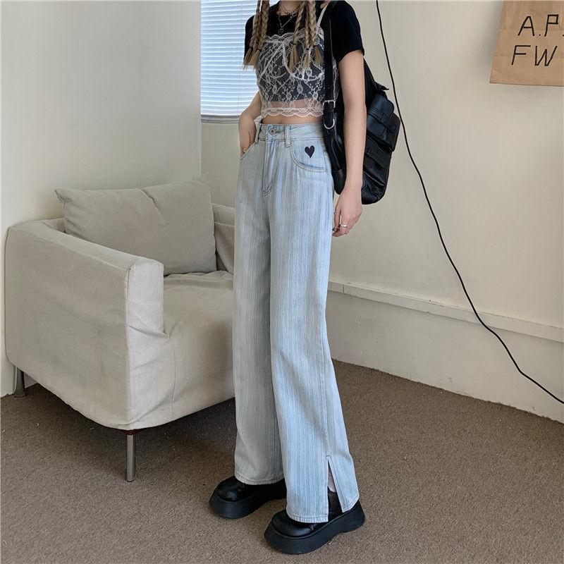 Retro Love Jeans Women's Autumn and Summer Ins High Waist Students Show Thin Slit Loose Straight Wide Leg Trousers