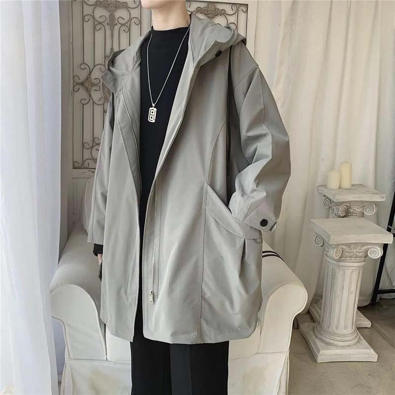 Autumn and Winter Casual Windbreaker Mid-length Coat Loose Men's Hooded Jacket
