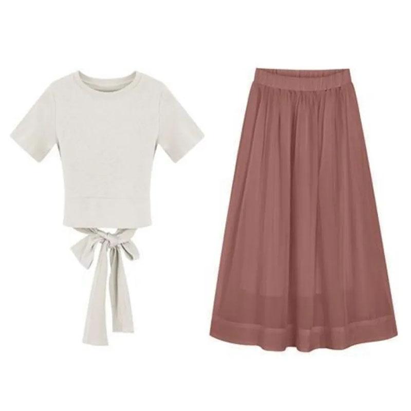 Two-piece Skirt Suit Summer Ladies Bow Tie Cotton Top T-shirt + Organza Chiffon Skirt Sexy Show Waist A-line Skirt Suit